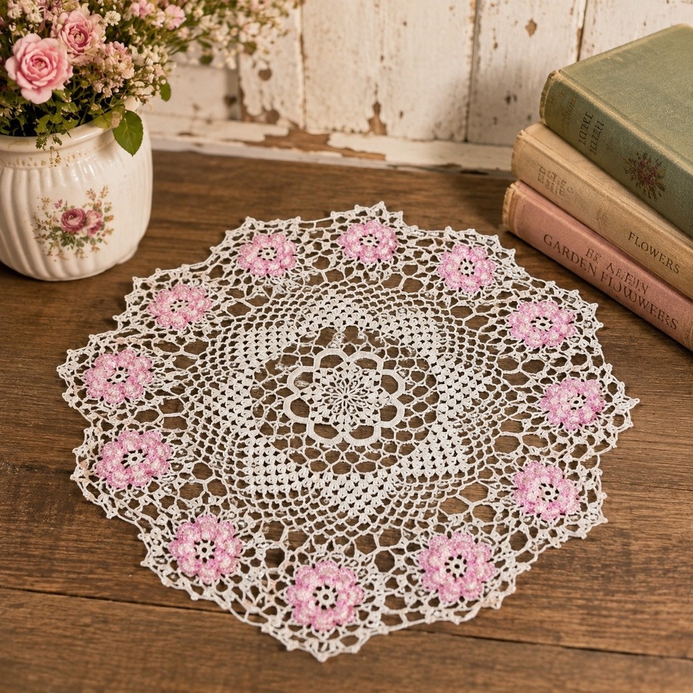 Vintage Handmade Crochet Lace Doily White Pink Beaded Floral 15 Inch Round